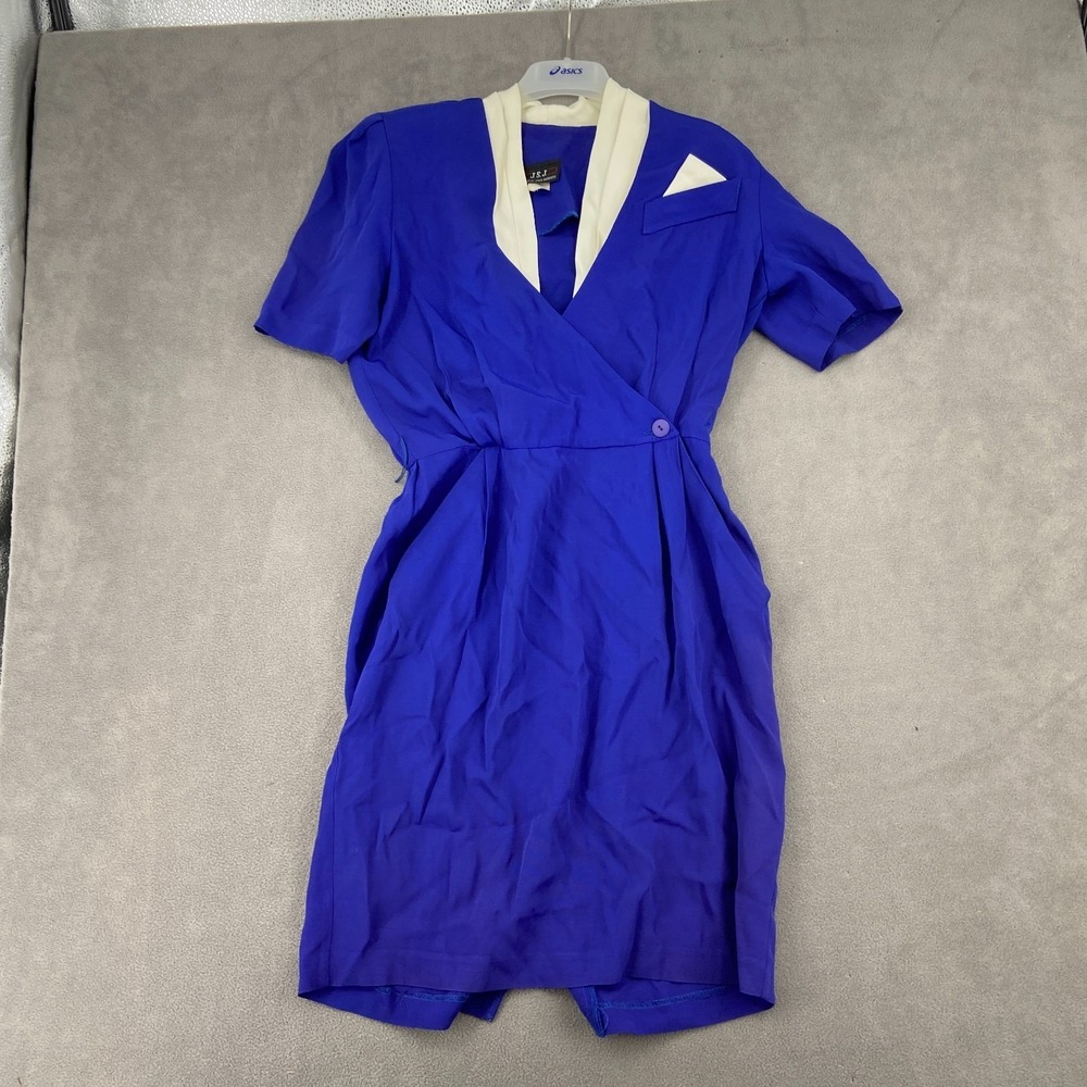 Vintage JSJ Division of John Roberts Wrap Dress Sz M Blue Shawl Collar Retro